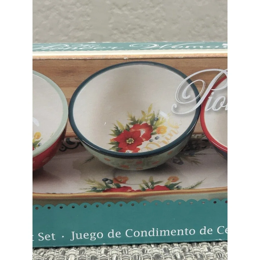 Pioneer Woman Garland Ceramic Condiment Set 4 Pcs 3 Bowls Tray Holiday Christmas